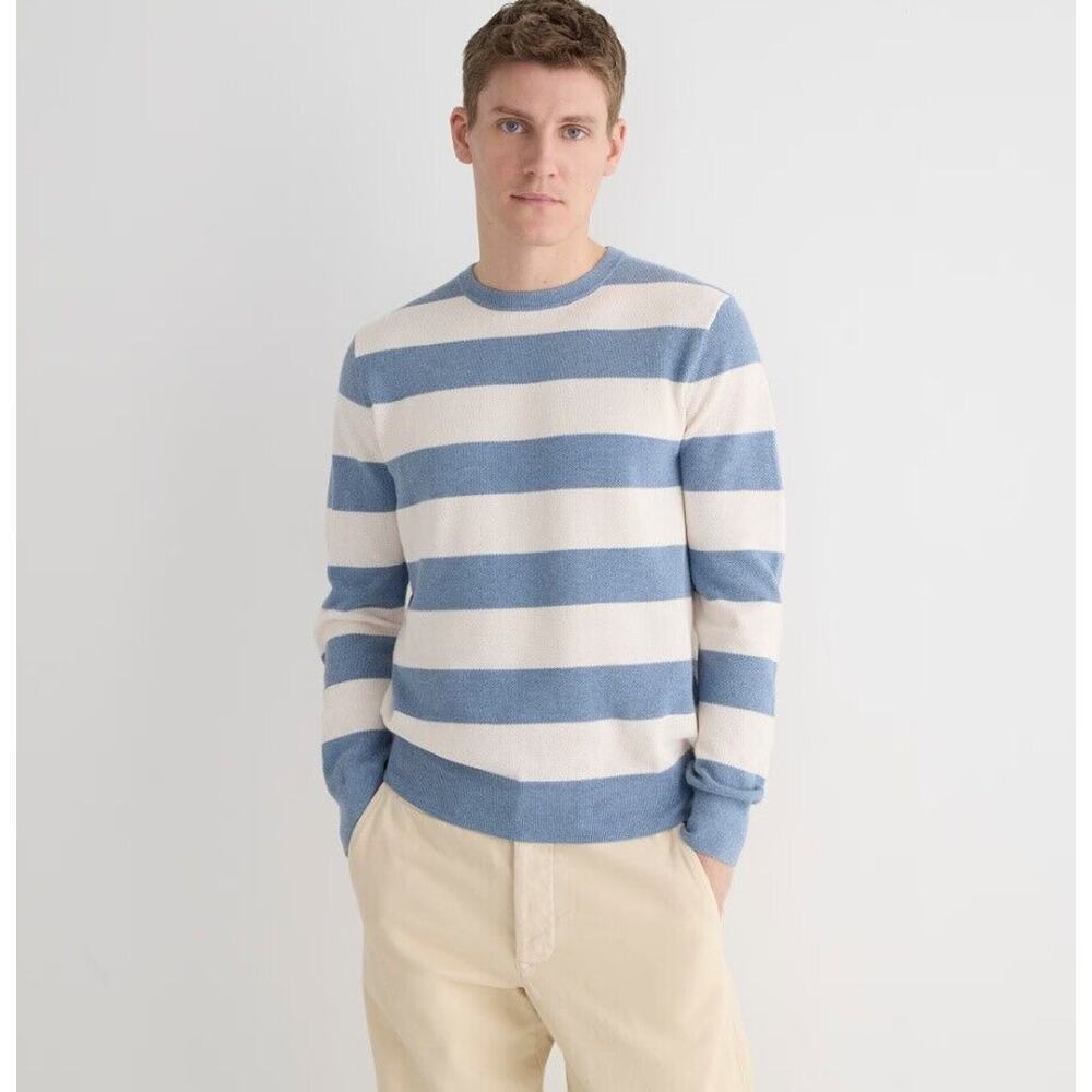 New! J. Crew Blue/White Cotton Piqué-Stitch Crewneck Sweater Large - Picture 1 of 8